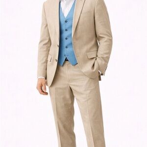 Enzo Men's Oatmeal Linen Suit with Blue Vest